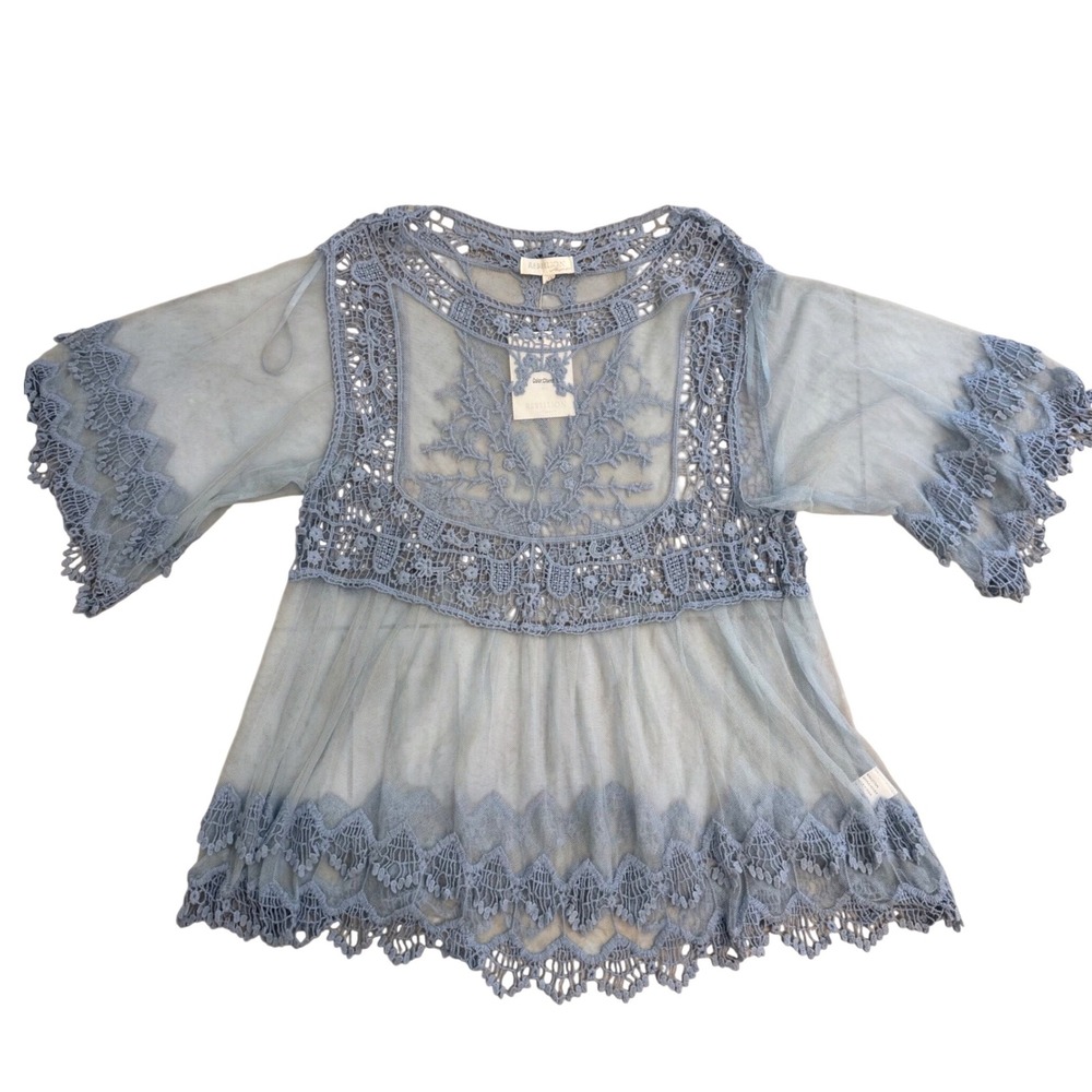 Lace Trim Sheer Tunic Top in Dusty Blue - Fits Like 1X!!! - Picture 2 of 11
